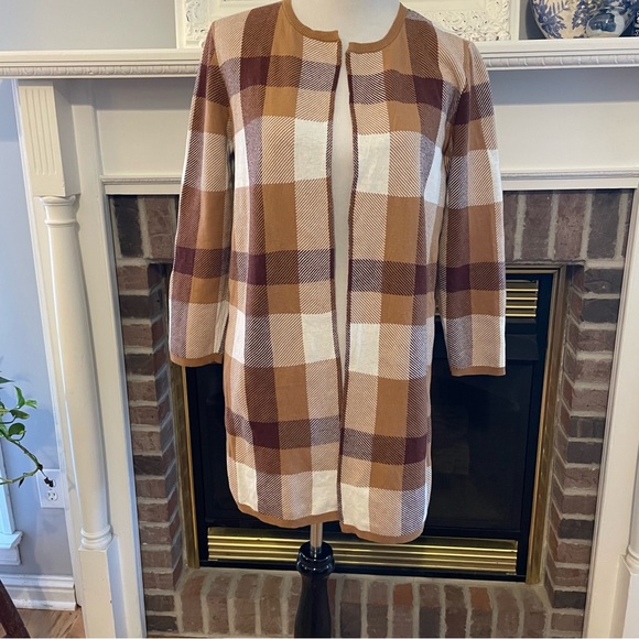 LOFT OUTLET Checkered Open Front Cardigan in Brown Rust and Cream NWT Size M - Picture 1 of 8